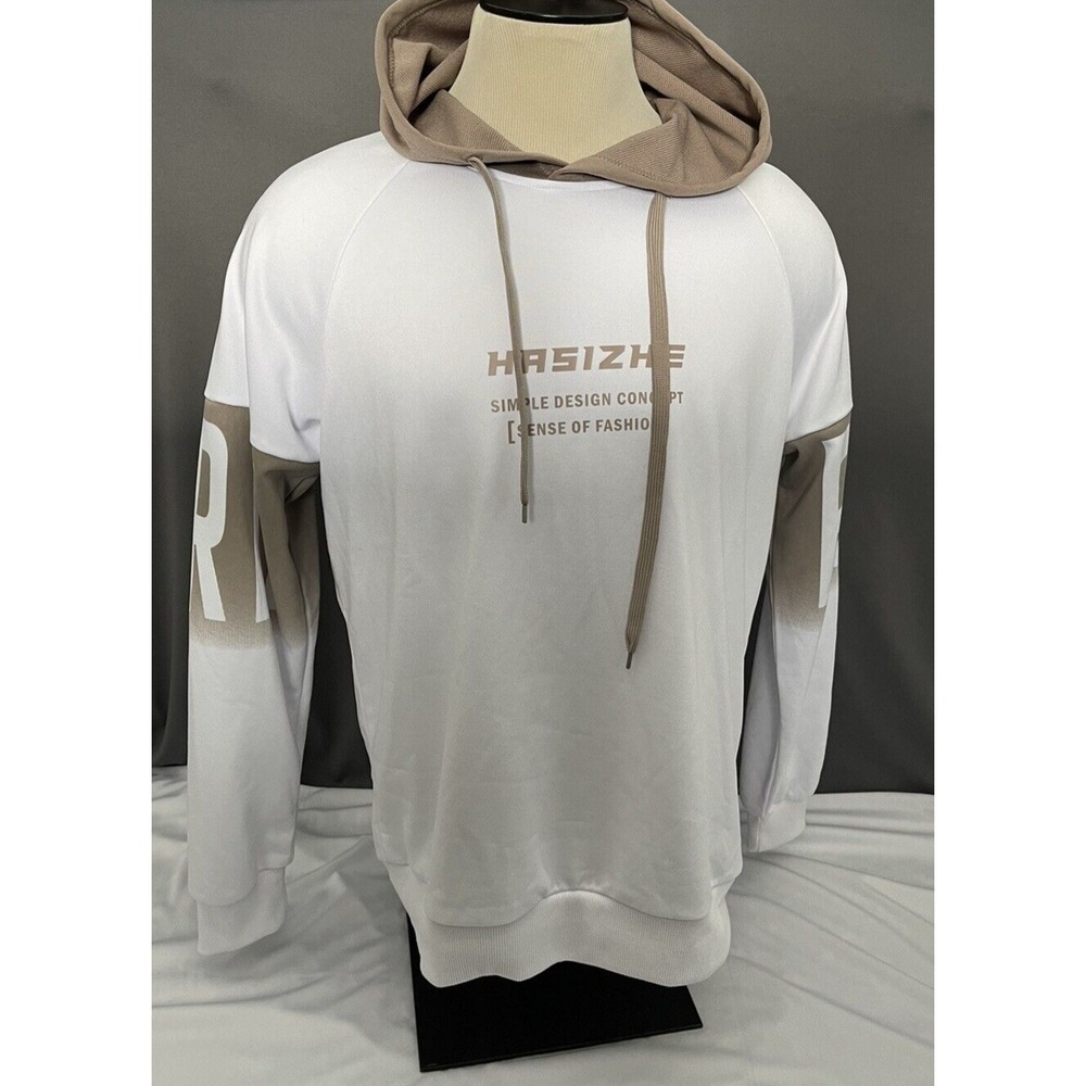 Hasizhe Simple Design Concept Sense Of Fashion Mens Large Hoodie White/ Tan